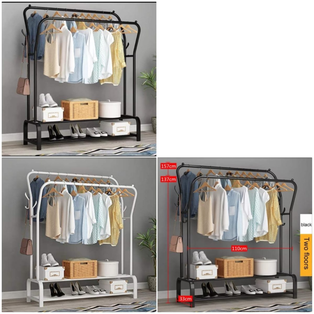 Curved Double Clothes Rack with 2 Bottom Shelf Storage Organizer Space ...